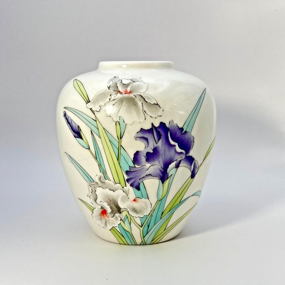 Otagiri Japan Iris Bouquet Vase White and Purple Iris Flowers 5ins high